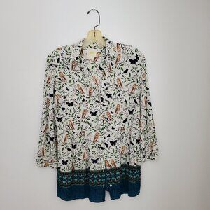 Anthropologie Maeve Owl Button Down Leaves Print Tunic Top SZ 12